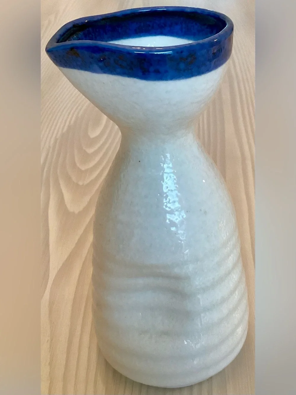 Pier 1 Imports Blue Rim White Ribbed Ceramic Sake Bottle Carafe Tokkuri Vase